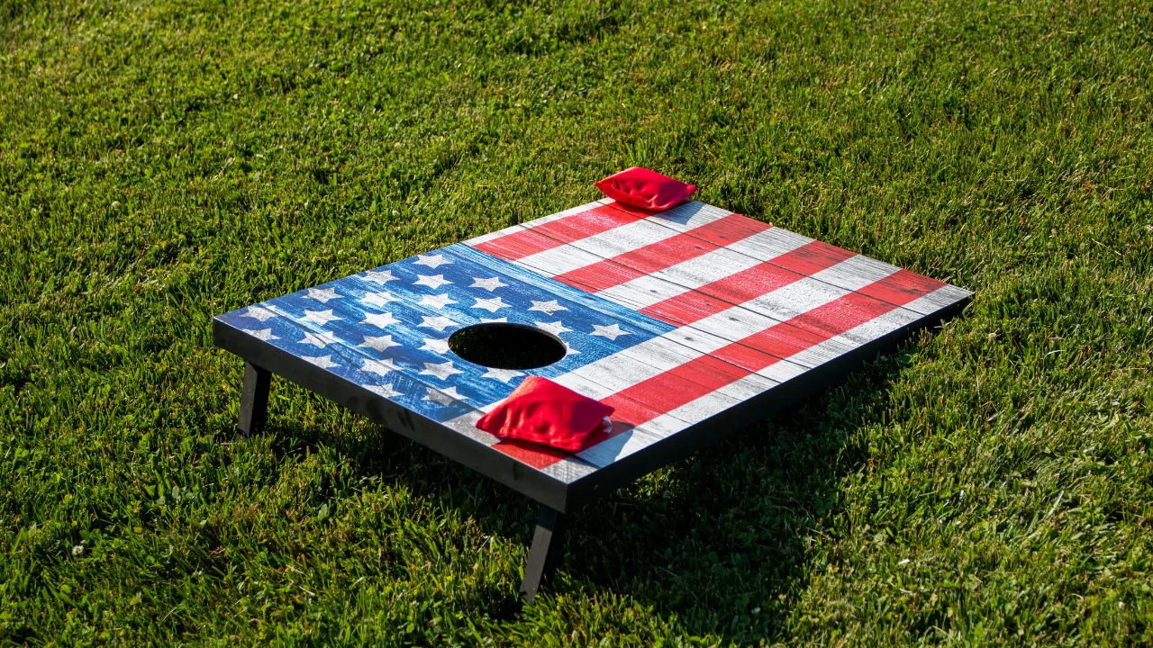 American flag Cornhole game available at this outdoor play zone in Austin