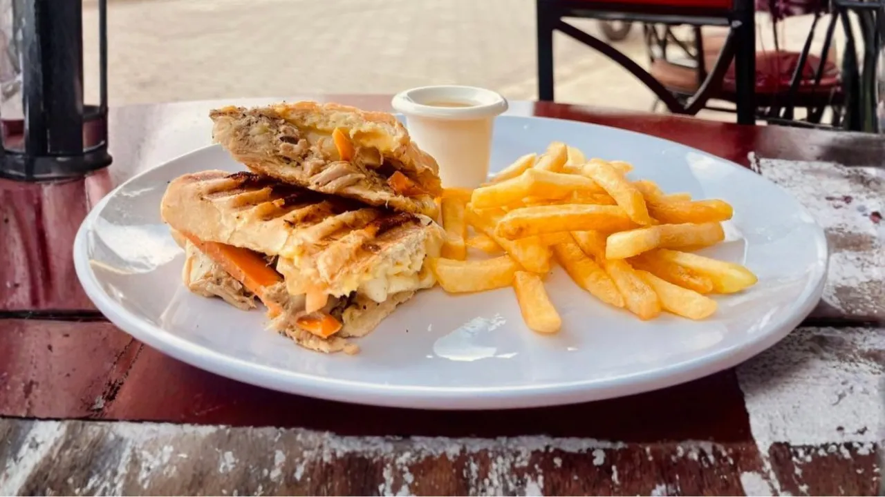 Grilled panini sandwich with fries by Authentic Mexican street food restaurant
