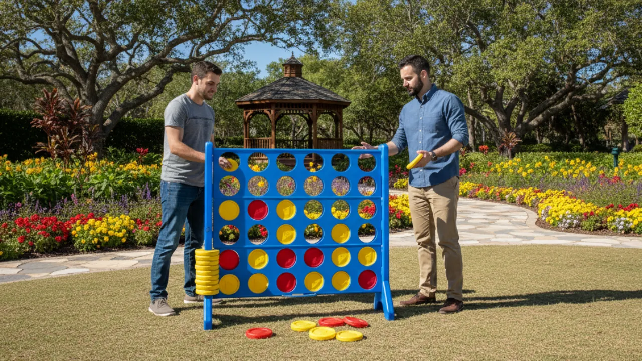 Playing with giant Connect Four - Austin food truck photos