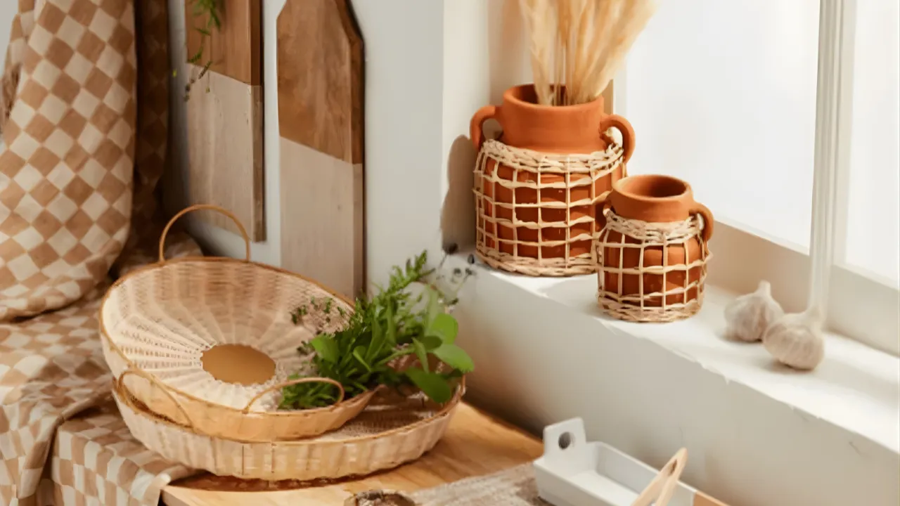 Rustic Boho Kitchen Decor with Terracotta Vases and Woven Baskets